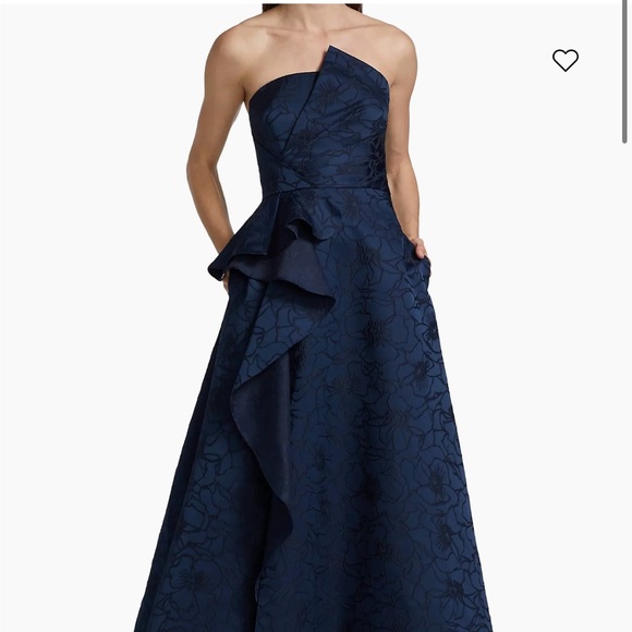 Monique Lhuillier Navy Strapless Asymmetrical Ruffle Gown